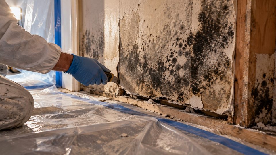 Black mold on a water-damaged wall being removed under containment