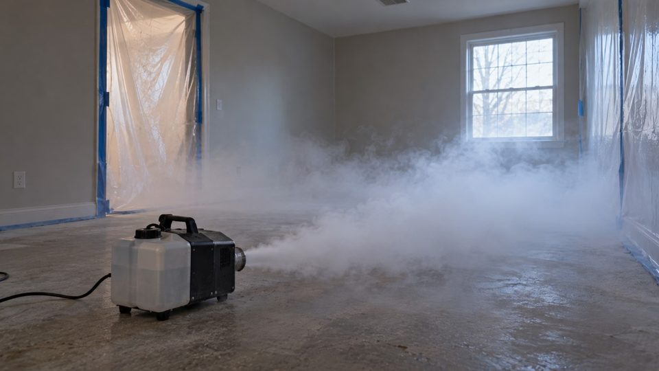 Dry fog equipment treating an enclosed room during mold remediation