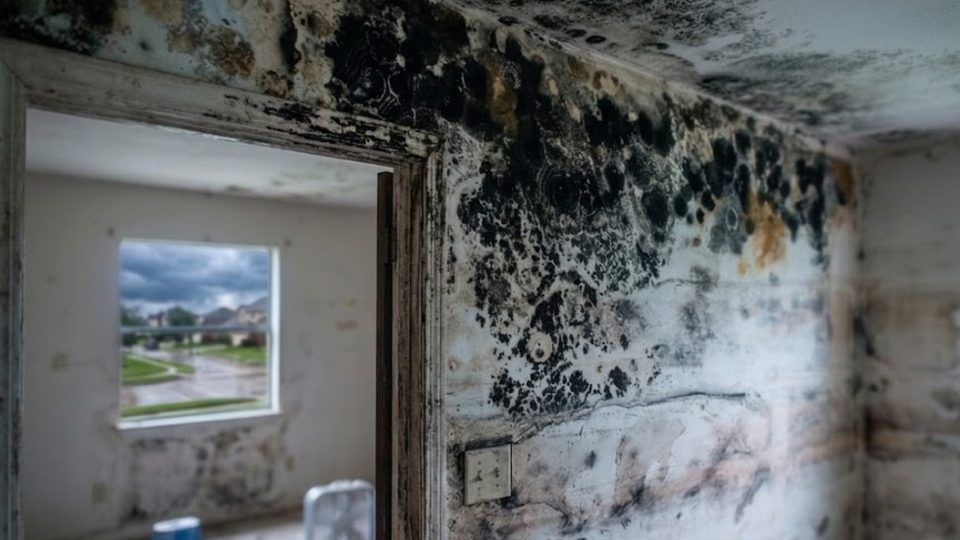 Ice dam at the eave of a Pennsylvania roof, the cause of attic and ceiling mold