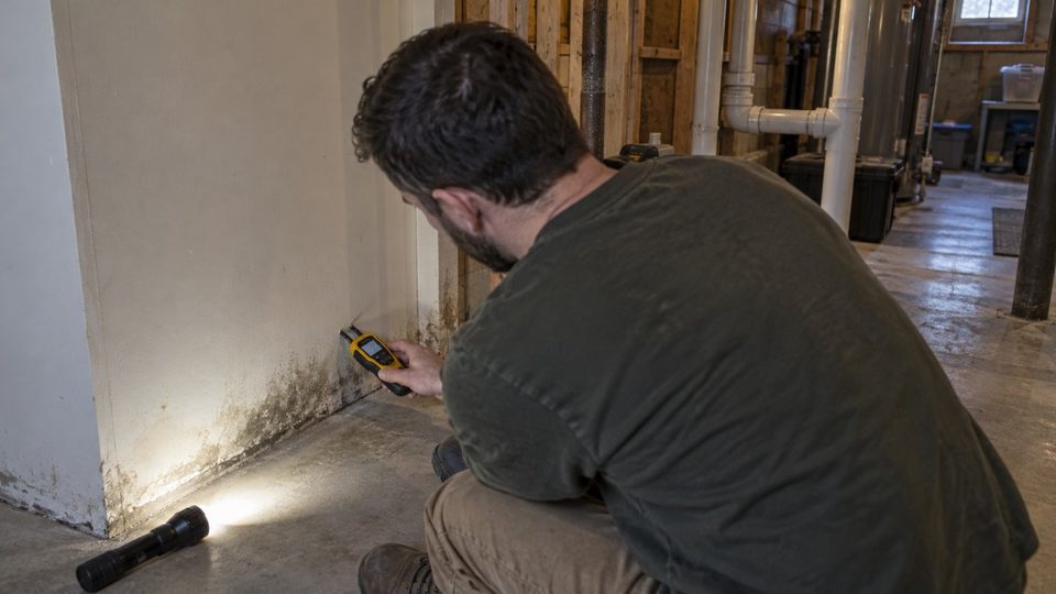 Mold inspection of a basement wall in a King of Prussia home