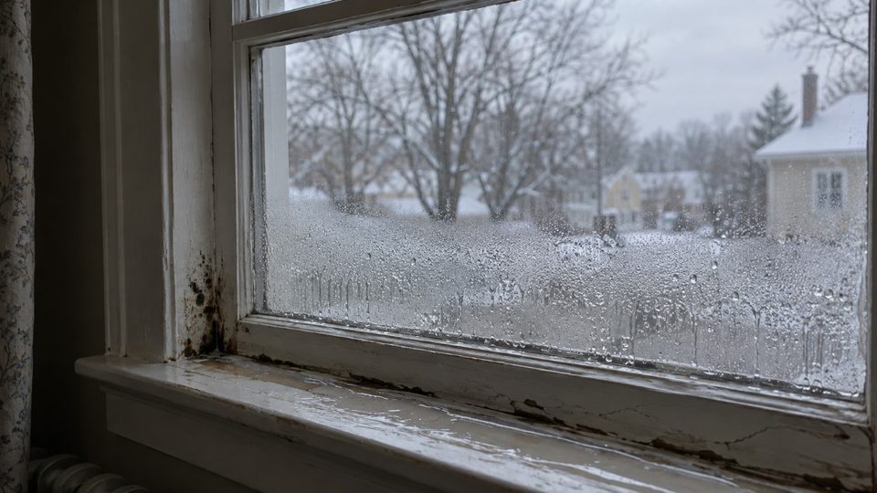 Winter condensation on a window in a southeastern Pennsylvania home
